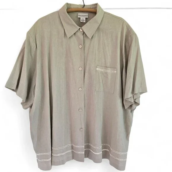 Anna Maxwell Womens Tan 2-Piece Twin Set Shirt & Tank Top Linen Blend 5X - Picture 4 of 16